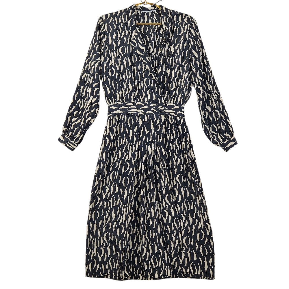 Vintage Hana Sung Black/Cream Abstract Animal Print Midi Wrap Dress - Size 10